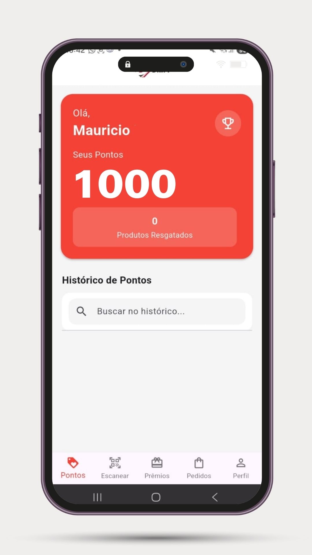 Tela do app mostrando pontos acumulados
